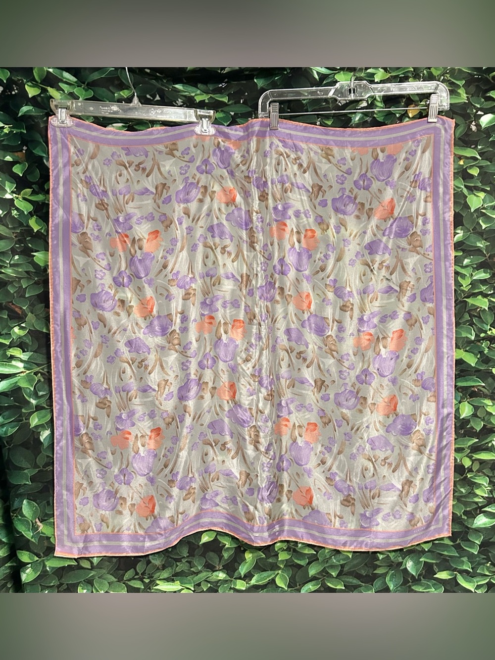 Vintage Elaine Gold Hand rolled Silk Scarf Floral Purple Coral 31"